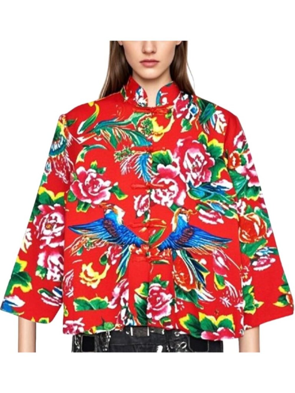 Vintage Unisex Floral Jacket - Red Mandarin Collar, Chinese Costume Top